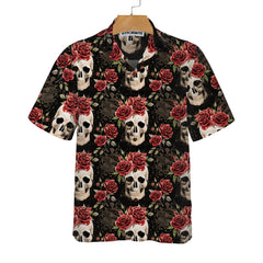 Skull Rose Vintage Hawaiian Shirt, Red Roses Gothic Skull Shirt - Hyperfavor