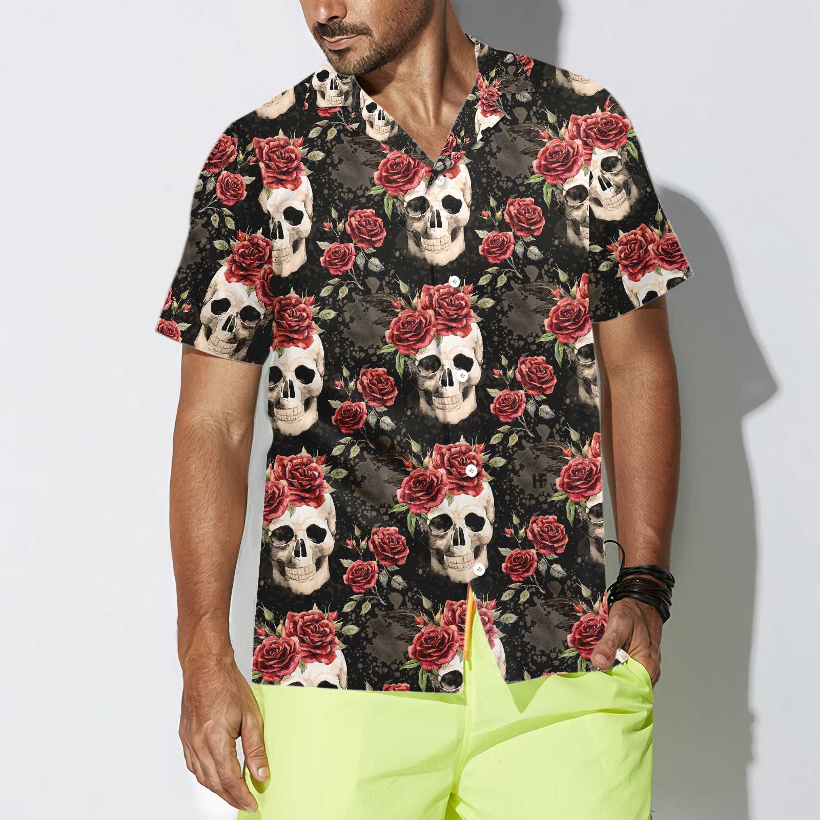Skull Rose Vintage Hawaiian Shirt, Red Roses Gothic Skull Shirt - Hyperfavor