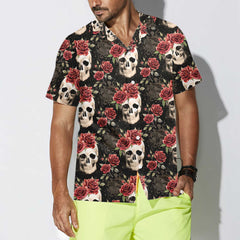 Skull Rose Vintage Hawaiian Shirt, Red Roses Gothic Skull Shirt - Hyperfavor