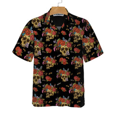 Skulls & Flowers Day Of The Dead Hawaiian Shirt, Vintage Skull And Red Roses Shirt, Day Of The Dead Gift - Hyperfavor