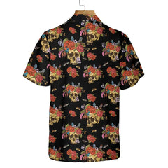 Skulls & Flowers Day Of The Dead Hawaiian Shirt, Vintage Skull And Red Roses Shirt, Day Of The Dead Gift - Hyperfavor