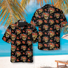 Skulls & Flowers Day Of The Dead Hawaiian Shirt, Vintage Skull And Red Roses Shirt, Day Of The Dead Gift - Hyperfavor