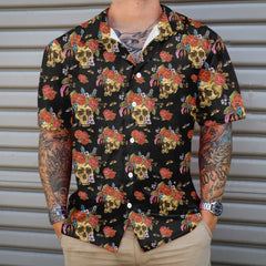 Skulls & Flowers Day Of The Dead Hawaiian Shirt, Vintage Skull And Red Roses Shirt, Day Of The Dead Gift - Hyperfavor