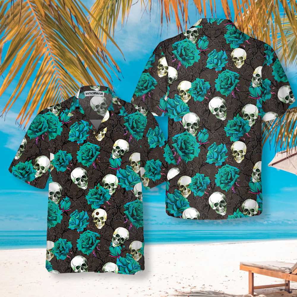 Skulls & Rose Branches Hawaiian Shirt, Blue Roses And Gothic Skull Shirt For Men And Women - Hyperfavor