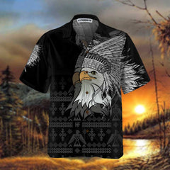 Spirit Eagle With Headdress Native American Hawaiian Shirt, Tribal Black And White Pattern Native American Shirt - Hyperfavor
