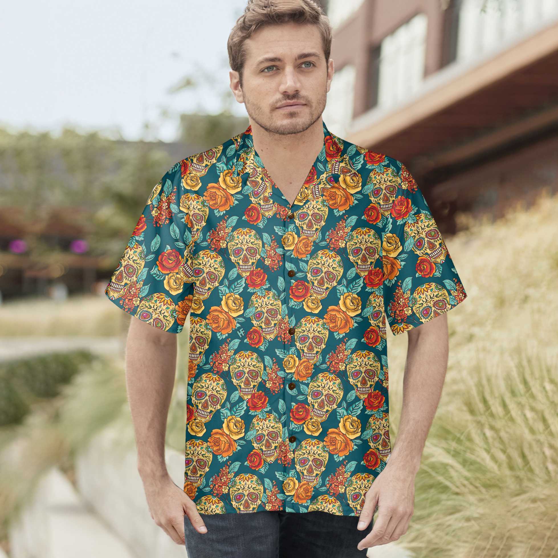 Sugar Skull Dead Day Hawaiian Shirt, Vintage Floral Mexican Skull Shirt, Unique Day Of The Dead Gift - Hyperfavor