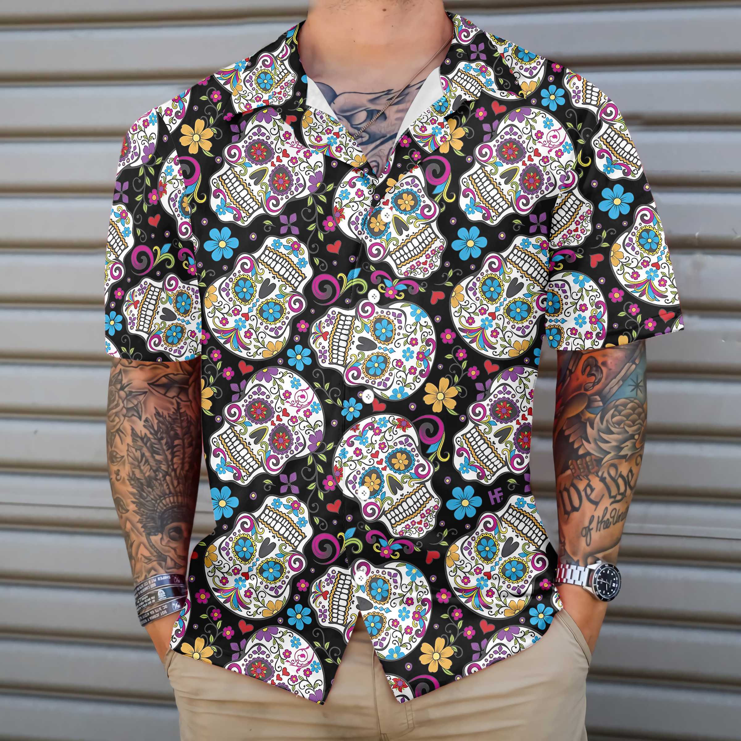 Sugar Skulls With Flowers Hawaiian Shirt, Colorful Floral Mexican Skull, Best Day Of The Dead Gift - Hyperfavor