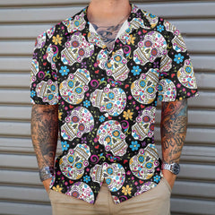 Sugar Skulls With Flowers Hawaiian Shirt, Colorful Floral Mexican Skull, Best Day Of The Dead Gift - Hyperfavor