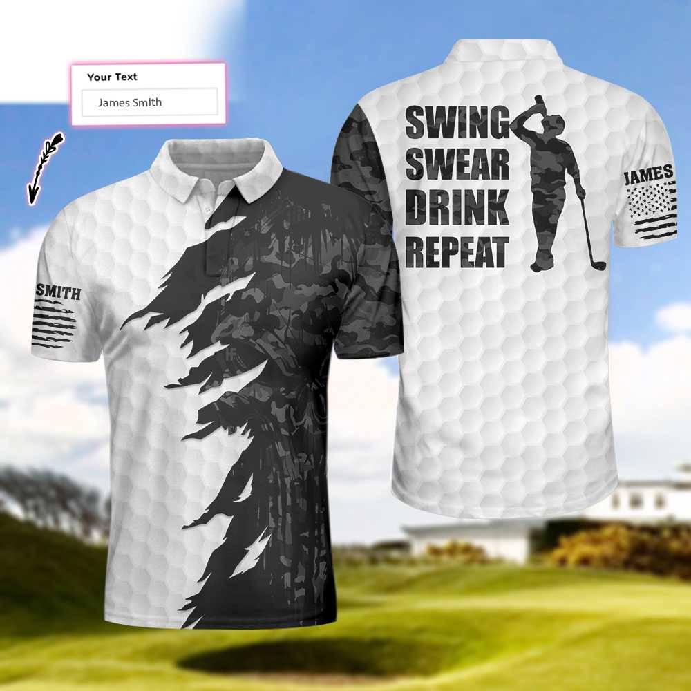 Swing Swear Drink Repeat Ripped Camouflage Skull Golf Custom Polo Shirt, Personalized Black And White Golf Shirt For Men - Hyperfavor