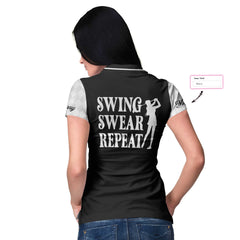 Swing Swear Repeat Custom Short Sleeve Women Polo Shirt, Black And White Golf Shirt For Female Players - Hyperfavor