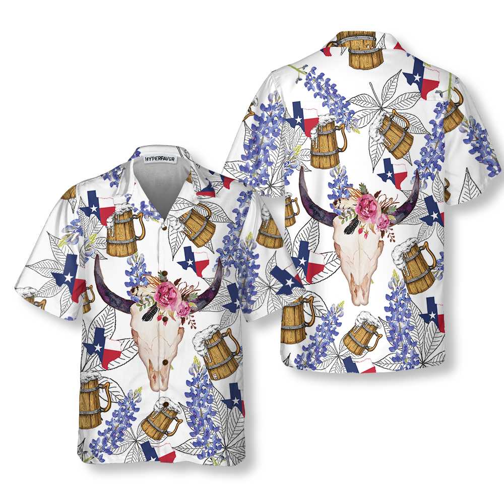 Texas Longhorn Bluebonnet Art Hawaiian Shirt, Unique Texas Shirt, Gift For Texas Lovers - Hyperfavor