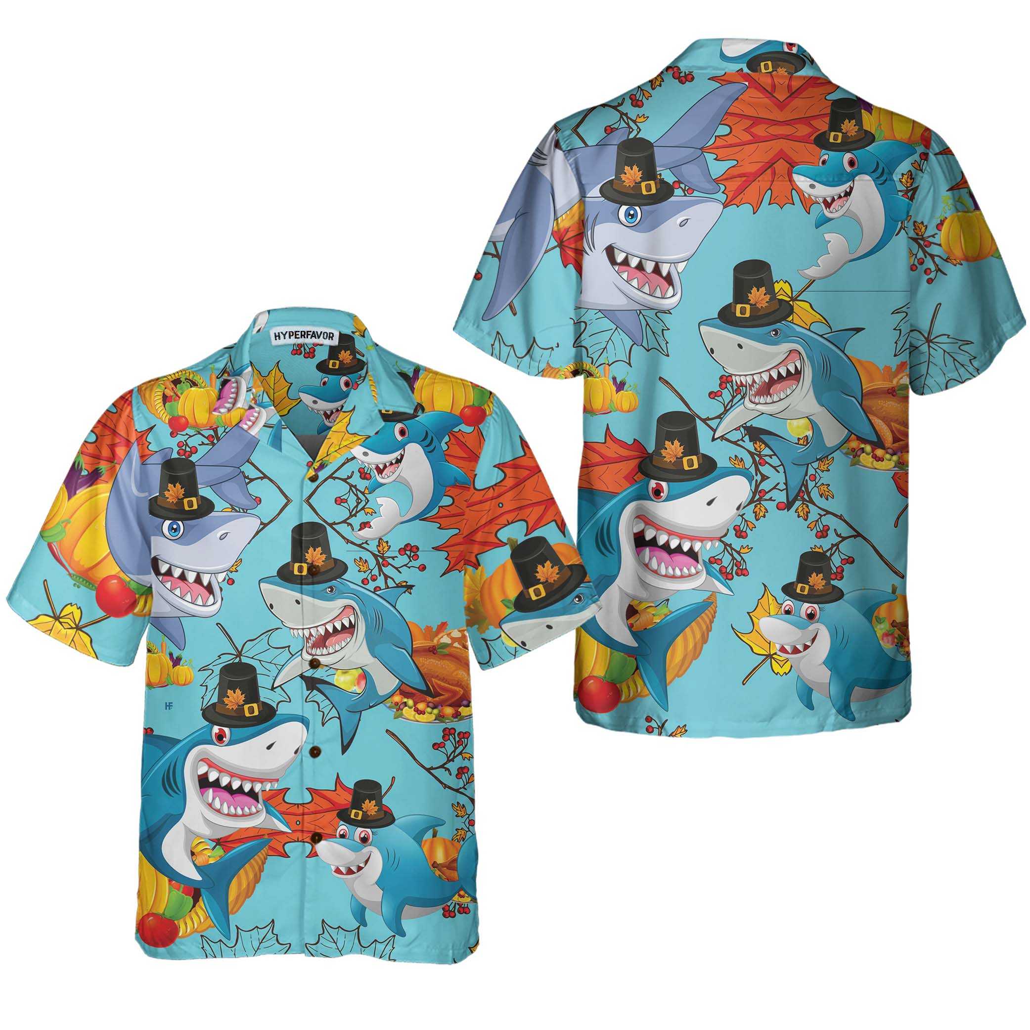 Thanksgiving Sharks Wearing Pilgrim Hat Hawaiian Shirt, Funny Thanksgiving Shirt, Gift For Thanksgiving Day - Hyperfavor