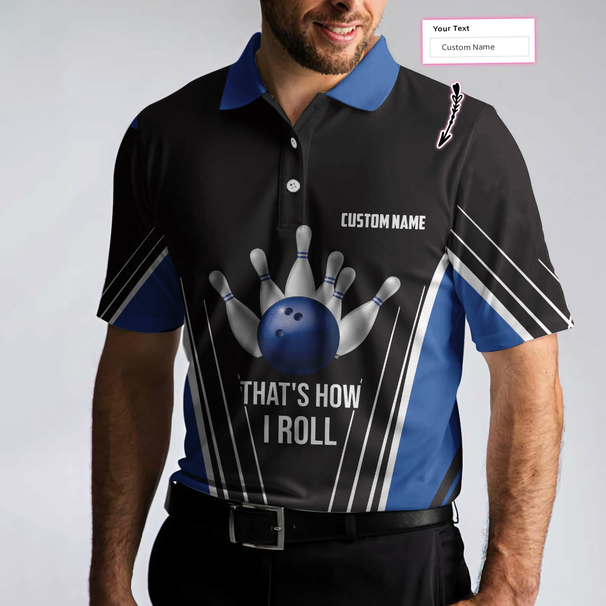 That's How I Roll Bowling Custom Polo Shirt, Personlized Ten Pin Bowling Shirt, Custom Black And Blue Bowling Shirt - Hyperfavor