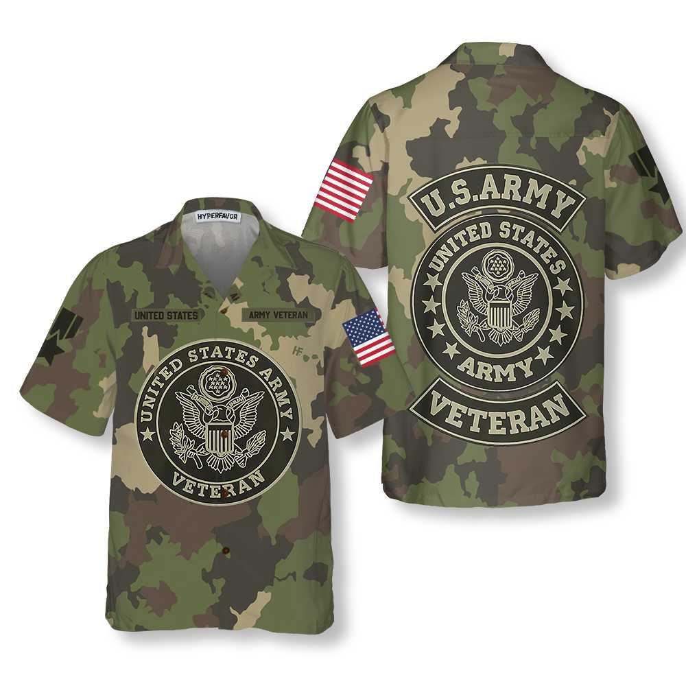 US Army Veteran Hawaiian Shirt, Green Camouflage Army Veteran Shirt - Hyperfavor