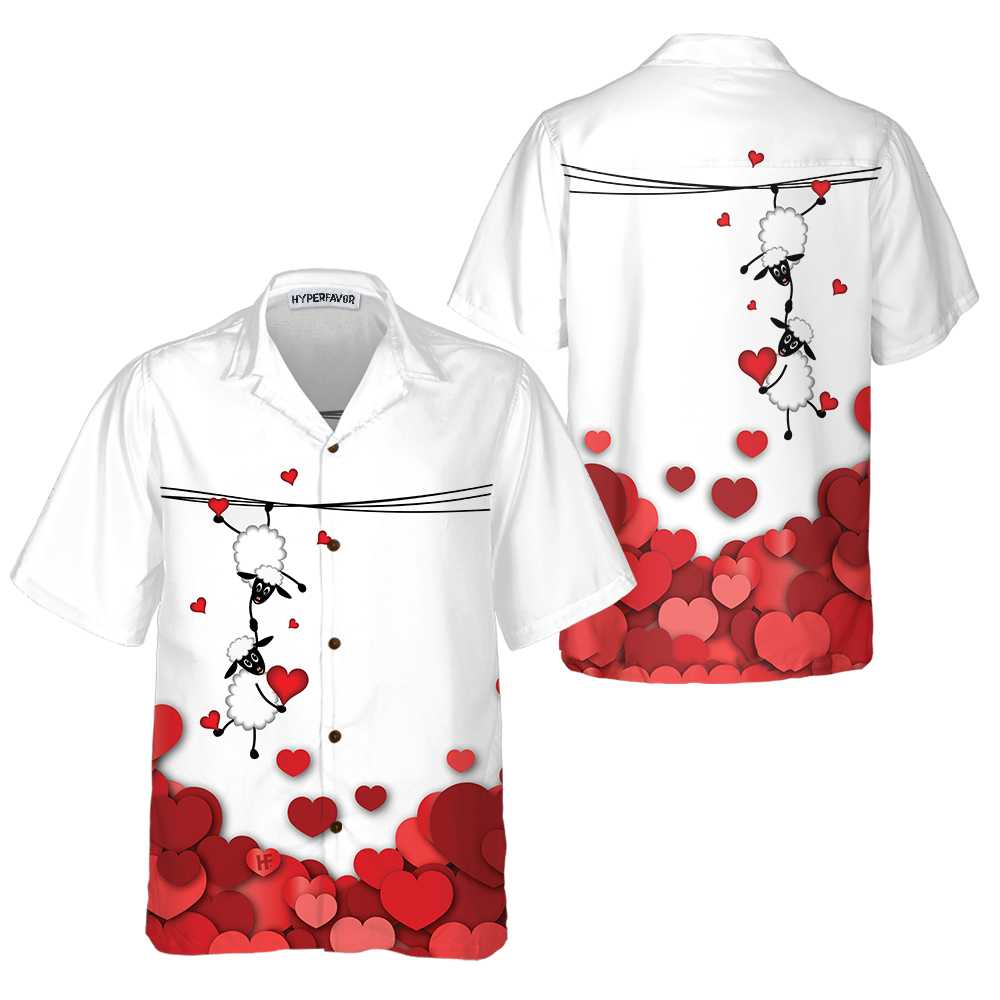 Valentine Sheep With Red Hearts Hawaiian Shirt, Valentine Day Shirt For Couples, Valentine Day Gift Ideas - Hyperfavor