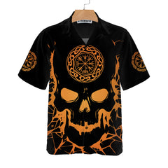 Viking Skull With Backbone Axe Hawaiian Shirt, Cool Orange Pattern Black Skull Shirt - Hyperfavor