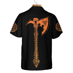Viking Skull With Backbone Axe Hawaiian Shirt, Cool Orange Pattern Black Skull Shirt - Hyperfavor