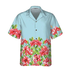 Watercolor Hibiscus Flower Hawaiian Shirt, Short Sleeve Red Hibiscus Print Shirt - Hyperfavor