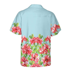 Watercolor Hibiscus Flower Hawaiian Shirt, Short Sleeve Red Hibiscus Print Shirt - Hyperfavor