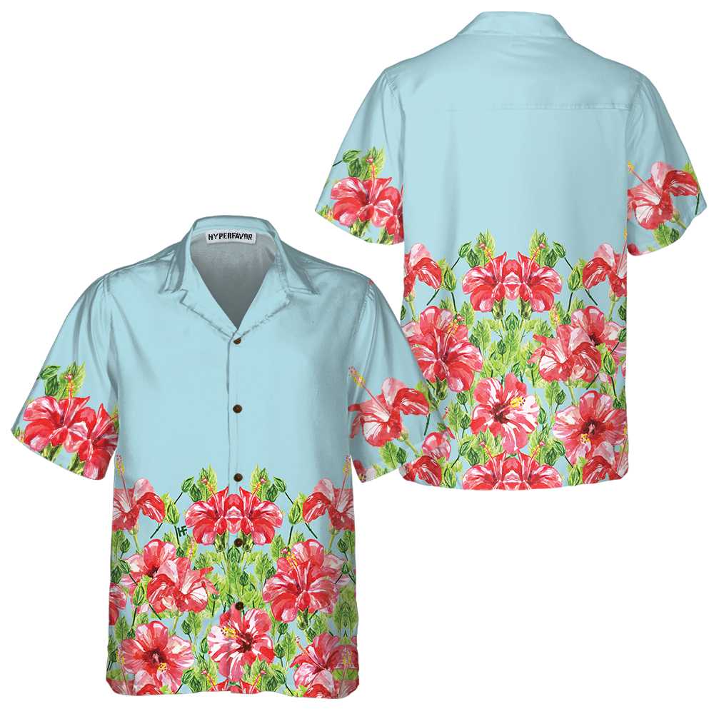 Watercolor Hibiscus Flower Hawaiian Shirt, Short Sleeve Red Hibiscus Print Shirt - Hyperfavor