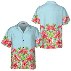 Watercolor Hibiscus Flower Hawaiian Shirt, Short Sleeve Red Hibiscus Print Shirt - Hyperfavor