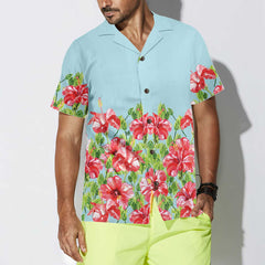 Watercolor Hibiscus Flower Hawaiian Shirt, Short Sleeve Red Hibiscus Print Shirt - Hyperfavor