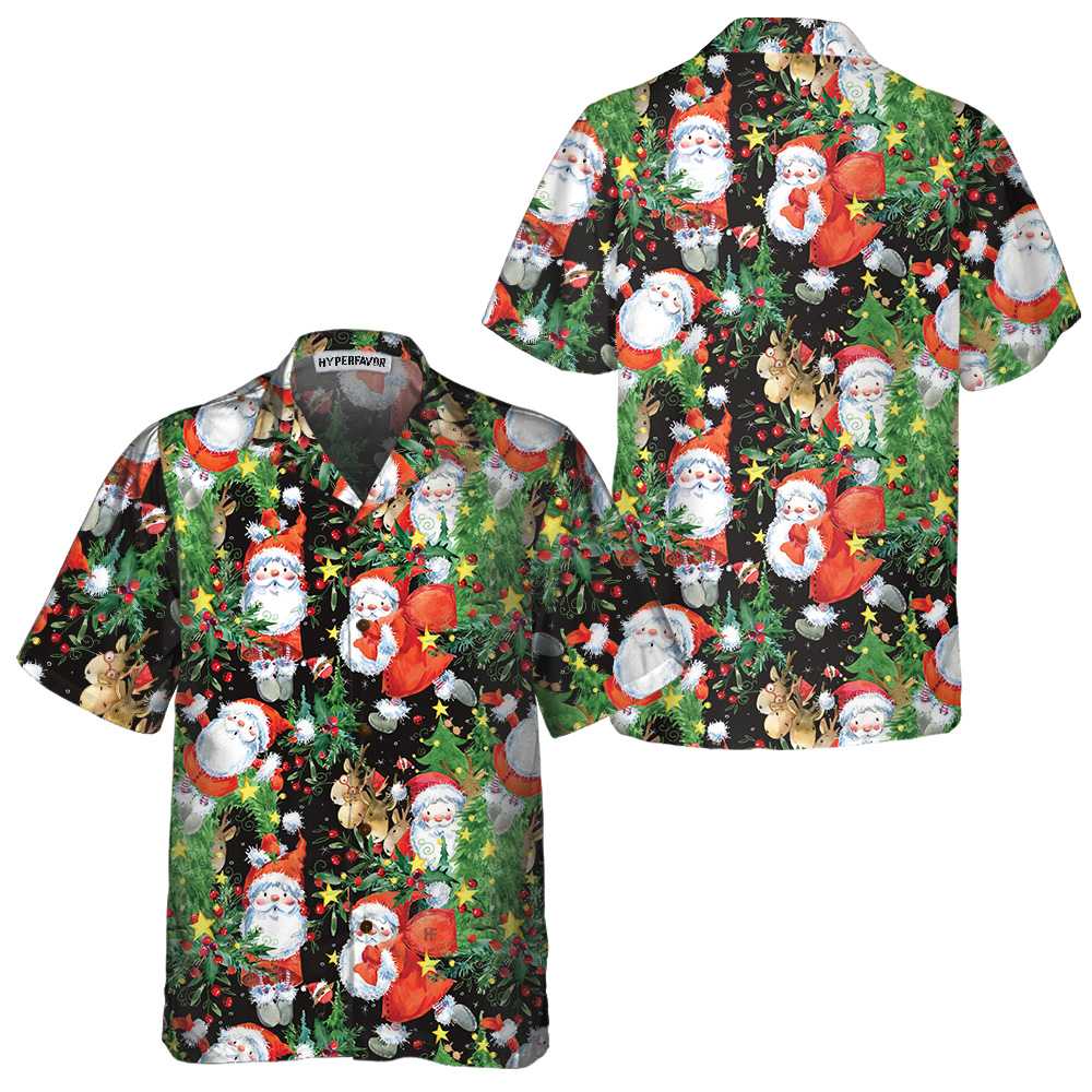 Watercolor Santa Pattern Hawaiian Shirt, Funny Christmas Santa Shirt, Gift For Christmas - Hyperfavor