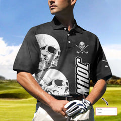 White Skull Heads And Golf Custom Polo Shirt, Personalized Halloween Gift For Golfers, Scary Golf Shirt - Hyperfavor