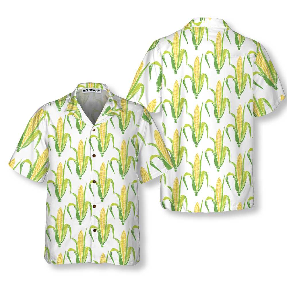 Yellow Corncobs With Green Leaves Corn Hawaiian Shirt, Corn Shirt Short Sleeve, Button Corn Cob Shirt Corn Gift - Hyperfavor