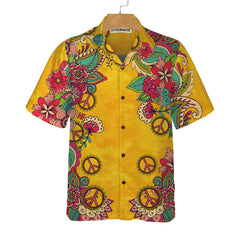 Yellow Hippie Peace Sign And Flowers Hawaiian Shirt, Foral Hippie Peace Sign Shirt, Best Hippie Gift - Hyperfavor