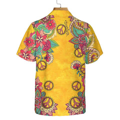 Yellow Hippie Peace Sign And Flowers Hawaiian Shirt, Foral Hippie Peace Sign Shirt, Best Hippie Gift - Hyperfavor