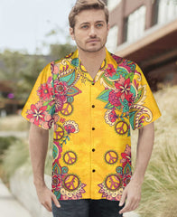 Yellow Hippie Peace Sign And Flowers Hawaiian Shirt, Foral Hippie Peace Sign Shirt, Best Hippie Gift - Hyperfavor