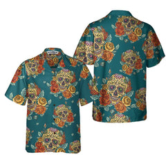 Yellow Roses Sugar Skulls Hawaiian Shirt, Mexican Skull Shirt, Best Day Of The Dead Gift - Hyperfavor