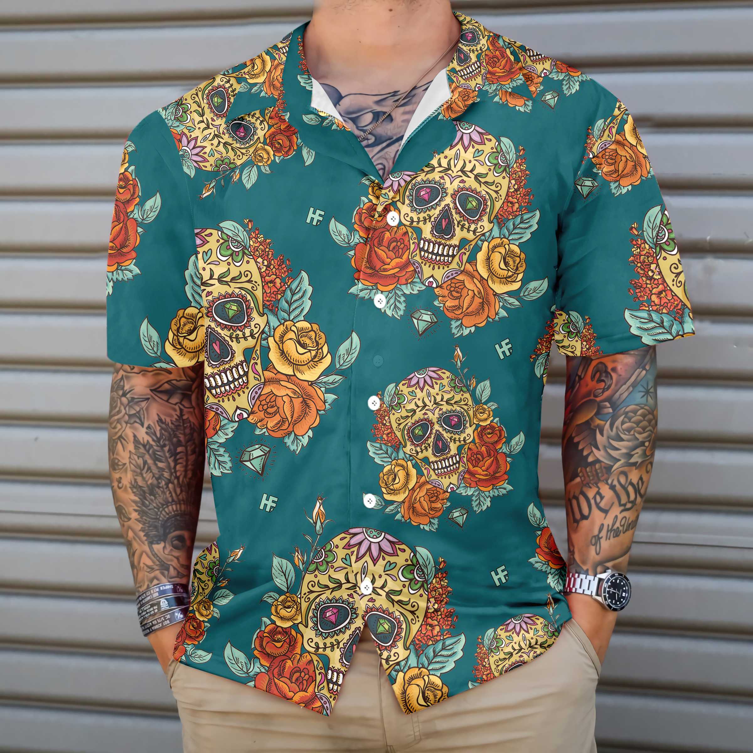 Yellow Roses Sugar Skulls Hawaiian Shirt, Mexican Skull Shirt, Best Day Of The Dead Gift - Hyperfavor