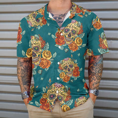 Yellow Roses Sugar Skulls Hawaiian Shirt, Mexican Skull Shirt, Best Day Of The Dead Gift - Hyperfavor