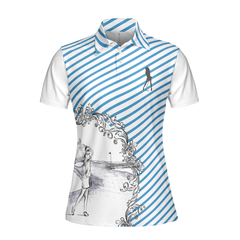Blue Striped And Sketching Golf Girl Golf Short Sleeve Women Polo Shirt, Best Gift For Female Golfers - Hyperfavor