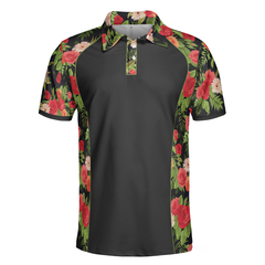 Tropical Roses Pattern Polo Shirt, Black Polo Shirt With Roses, Print Roses Pattern Shirt For Adults - Hyperfavor