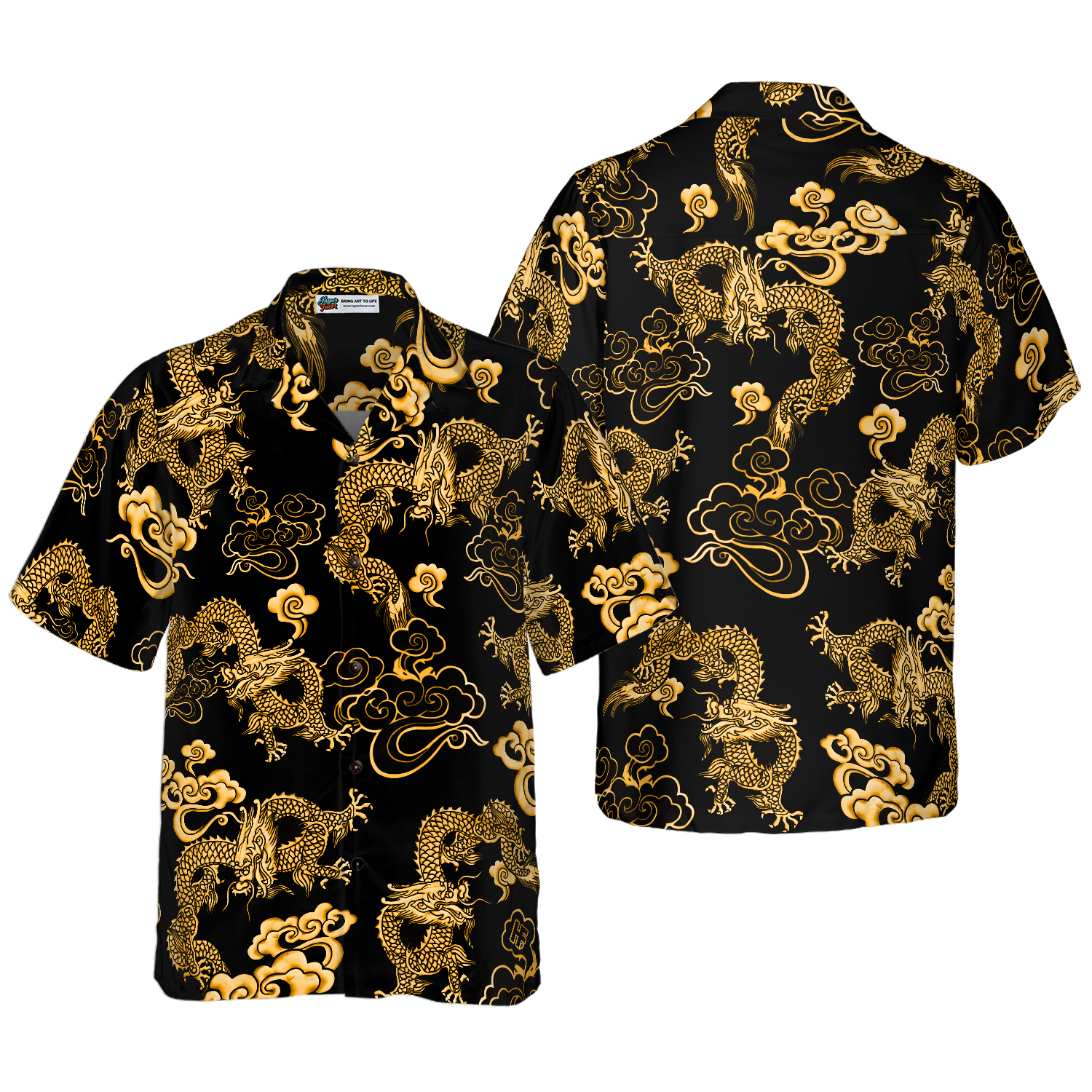 Black Gold Oriental Dragon Hawaiian Shirt - Hyperfavor