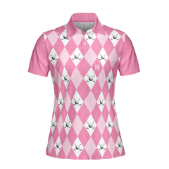Golf Polo Short Sleeve Women Polo Shirt, Pink Argyle Seamless Pattern Golf Shirt For Ladies - Hyperfavor