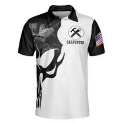 Carpenter Proud Skull Short Sleeve Black And White Polo Shirt, American Flag Polo Shirt, Best Carpenter Shirt For Men - Hyperfavor