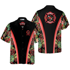 Firefighter Tropical Custom Hawaiian Shirt, Personalized Floral And Leaves Fire Dept Logo Firefighter Hawaiian Shirt - Hyperfavor