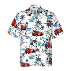 Fire Truck Friend Of Firefighter Hawaiian Shirt, White Tropical Red Fire Truck Firefighter Shirt For Men - Hyperfavor