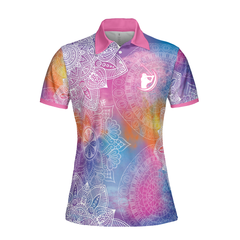 Pink Abstract Mandala Pattern Girl Golf Short Sleeve Women Polo Shirt, Colorful Golf Shirt For Ladies - Hyperfavor