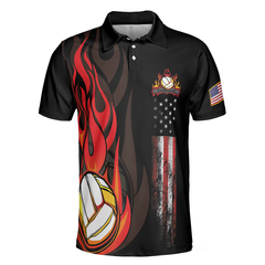 Volleyball Flame Short Sleeve Polo Shirt, Black American Flag Polo Shirt, Best Volleyball Shirt For Men - Hyperfavor