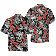 Skull With Crown And Red Rose Hawaiian Shirt - Hyperfavor