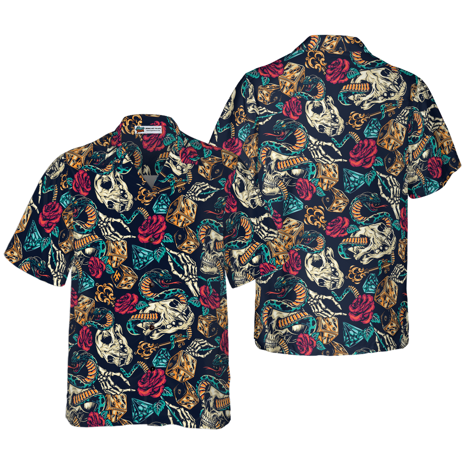 Skulls With Blue Snakes And Red Roses Hawaiian Shirt - Hyperfavor