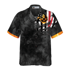 Firefighter Golden Skull And Ripped American Flag Firefighter Hawaiian Shirt, Black And Gold Firefighter Shirt For Men - Hyperfavor