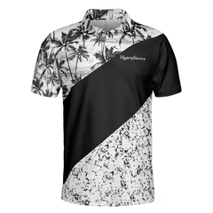 Monochrome Tropical Pattern Polo Shirt, Black And White Tropical Themed Polo Shirt Design, Summer Vibe Shirt - Hyperfavor