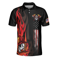 Firefighter Skull Flame Short Sleeve Polo Shirt, First In Last Out American Flag Firefighter Shirt For Men - Hyperfavor