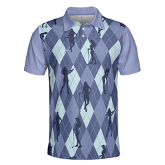 Vintage Blue Palatte Girl Golf Polo Shirt, Argyle Pattern Girl Golfer Silhouette Polo Shirt, Fun Golf Shirt For Men - Hyperfavor